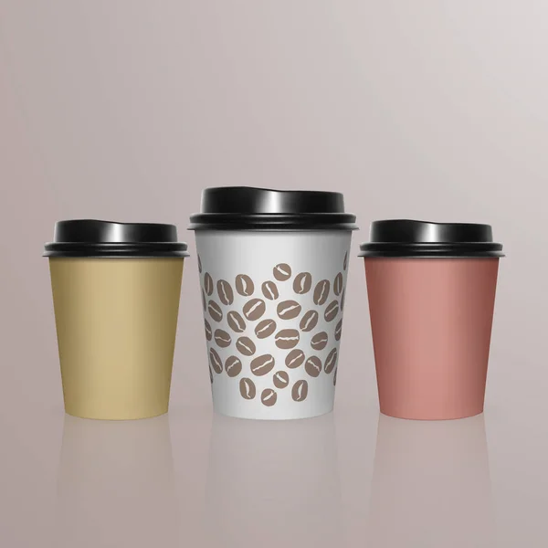 Набор Coffee Cup - макет для дизайна фирменного стиля кафе, ресторана. Черный, желтый, коричневый картон Кофейная чашка макет. Одноразовый шаблон пластиковой и бумажной посуды для горячих напитков — стоковый вектор