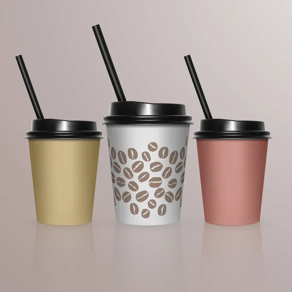 Set koffiekopje - Mockup sjabloon voor Cafe, Restaurant merk identiteit ontwerp. Zwarte, gele, bruine kartonnen koffie kopje Mockup. Wegwerp plastic en papieren tafelgerei sjabloon voor warme dranken — Stockvector