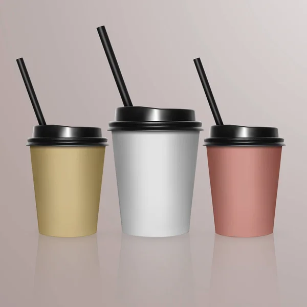 Set di tazza di caffè modello Mockup per Cafe, Restaurant brand identity design. Nero, giallo, marrone in cartone Coffee Cup Mockup. Modello di stoviglie monouso in plastica e carta per bevande calde — Vettoriale Stock