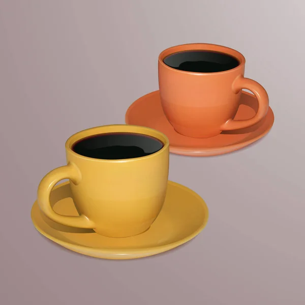 Dos tazas de café sobre un fondo claro, realistas, tazas de color amarillo y naranja con café — Vector de stock