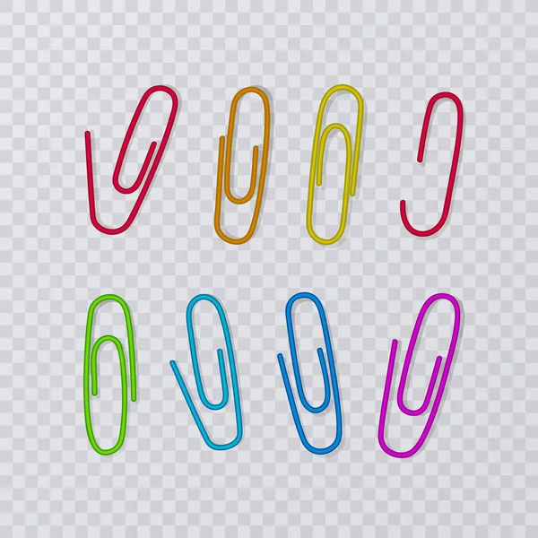 Paper clips isolated on transparent background. Vector Illustration. Colorful collection set — Stock Vector