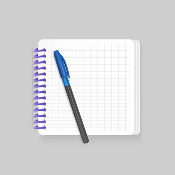 Cuaderno de bloc de notas en espiral en blanco con pluma azul realista sobre fondo blanco. Mostrar Mock up para sus entradas, ilustración vectorial — Vector de stock