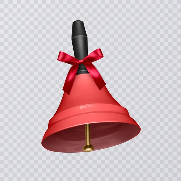 Illustrazione vettoriale con realistico campanello scuola colore rosso, campana con bel fiocco isolato su sfondo trasparente — Vettoriale Stock
