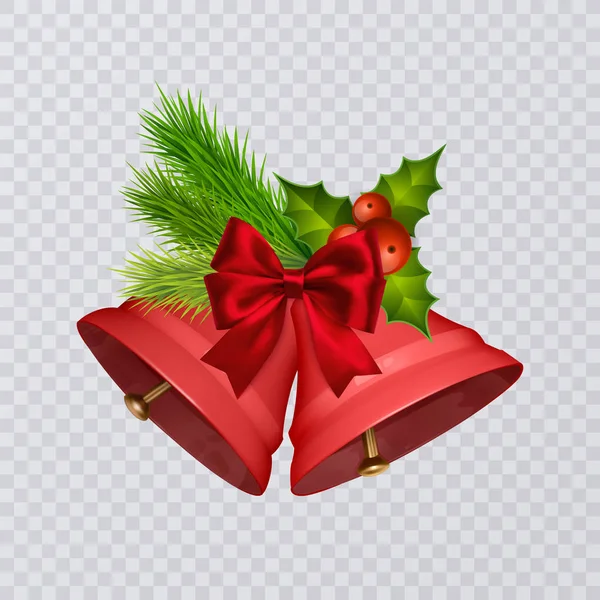 Ensemble de cloches de Noël rouges vectorielles avec des arcs réalistes et houx, isolé sur fond transparent — Image vectorielle