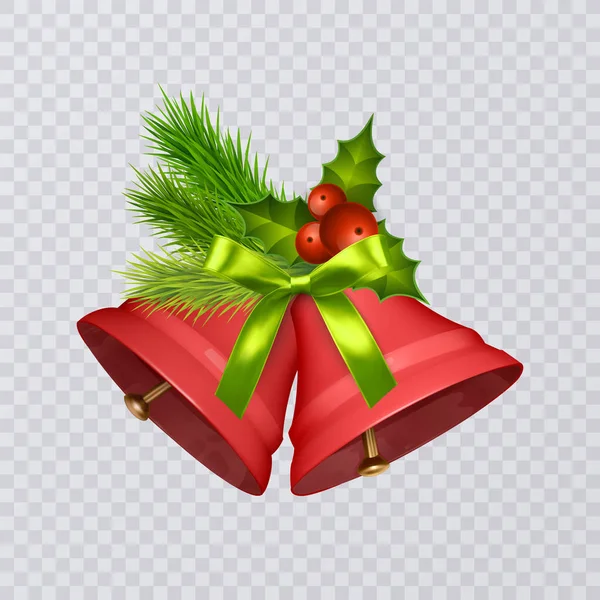 Conjunto de campanas de Navidad rojo vector con arcos realistas y acebo, aislado sobre fondo transparente — Vector de stock