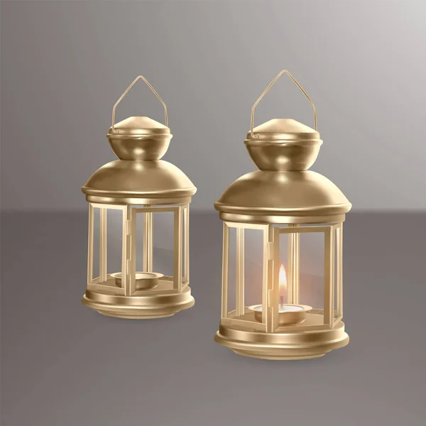 Set di lanterne realistiche dorate illustrazione vettoriale eps 10. Lanterne appese in metallo in stile orientale — Vettoriale Stock