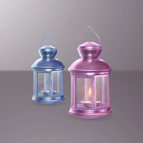 Цветной набор фонарей на светлом фоне. 3D реалистичные металлические фонари векторная иллюстрация — стоковый вектор