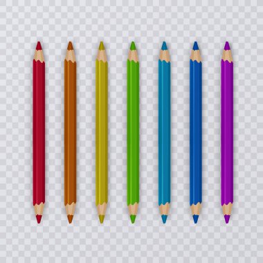 Şeffaf arka plan, okul malzemeleri, vektör çizim çok renkli kalem kümesi