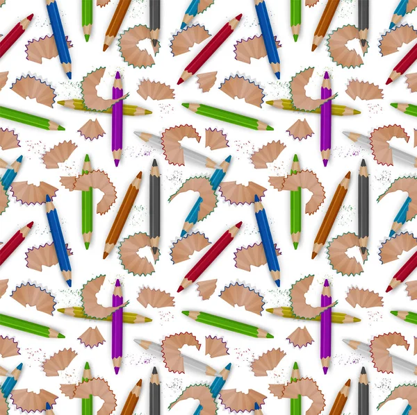 Farbenfrohe nahtlose Muster auf einem Schulthema mit Buntstiften und Bleistiftspänen. Vektorillustration — Stockvektor