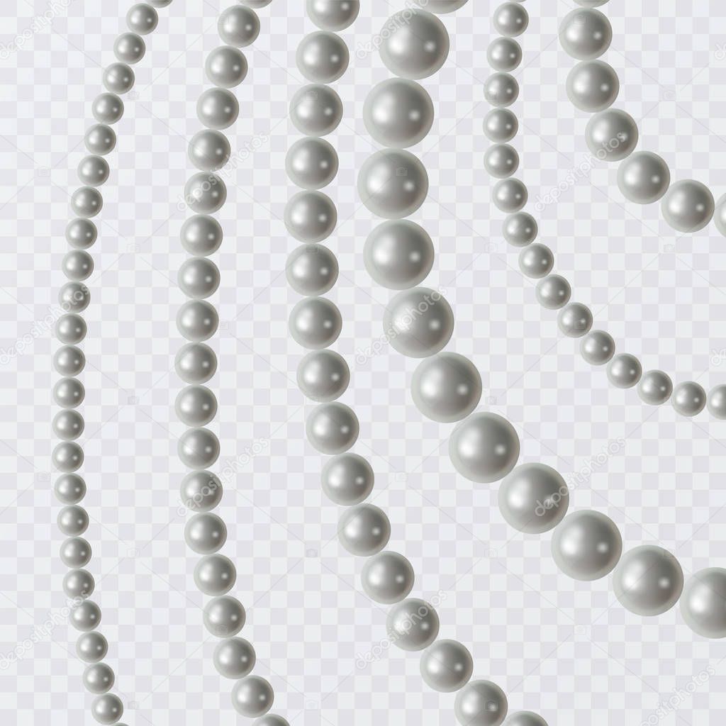 Realistic strands of white pearls, decorative element for holiday cards, wedding invitations, vector illustration