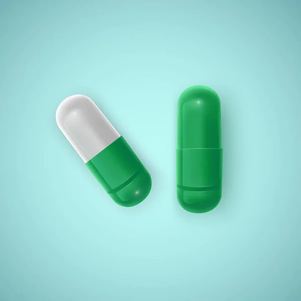 现实胶囊白色背景, 医学, 绿色片剂或药丸, 向量例证 — 图库矢量图片