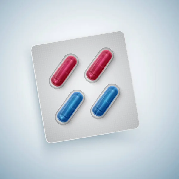 Kapslar och tabletter i ny blisterförpackning, medicinska produkter, realistisk vektor — Stock vektor