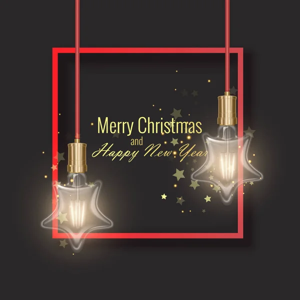 Рождественские и новогодние открытки, украшенные лампочками в форме звезды, поздравительные открытки, реалистичный вектор EPS 10 формат — стоковый вектор