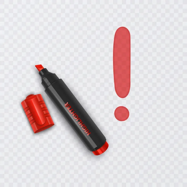Illusztráció valósághű vörös színű jelölővel, felkiáltójel átlátszó háttéren. Vektor eps 10 formátum — Stock Vector