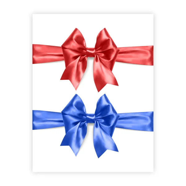 Set of bows of red and blue colors isolated on white background, vector made from silk — Stock Vector