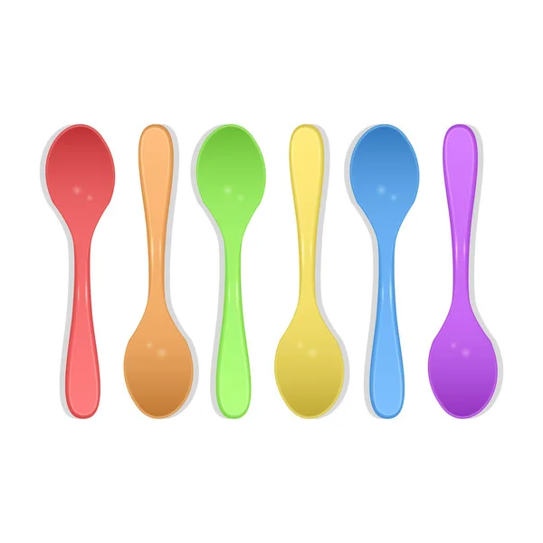 Plastic cutlery. Colorful spoons Kids food. 3d realistic vector icon set. — Stock Vector