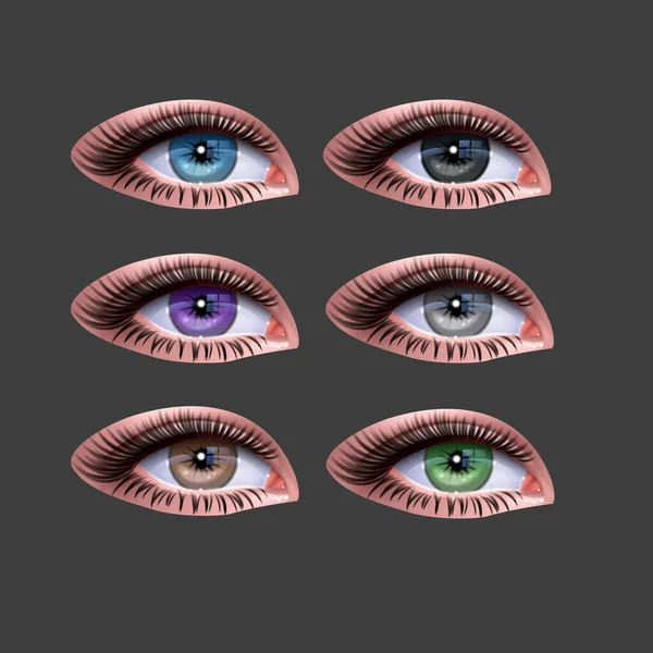 Conjunto de ojos femeninos para el diseño del glamour de la salud. Colores azul, verde y marrón. Ojos abiertos de mujer. Ilustración vectorial en estilo realista — Archivo Imágenes Vectoriales