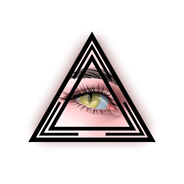 Vector illustration with a Reptilian Human eyes with all seeing eye symbol. Conspiracy theory Reptiloid paranormal surreal illustrations