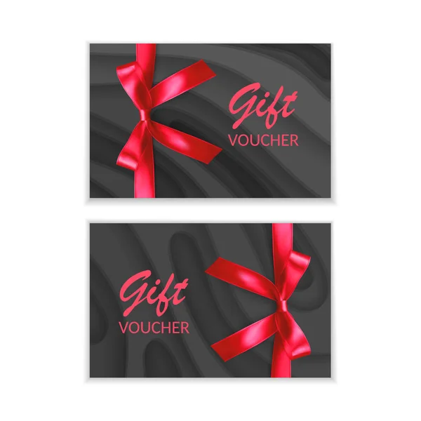 Vector illustration,Gift voucher template with paper cut design with realistic red bow. Black and modern pattern — Stock Vector