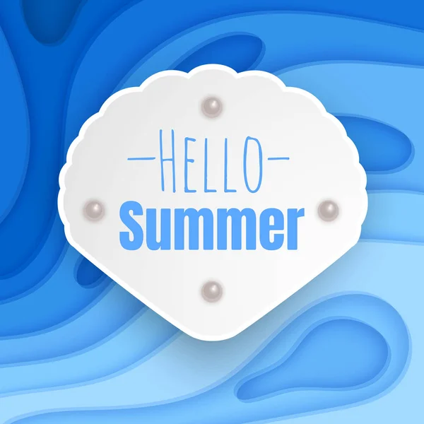 Hola banner de verano, tarjeta de ilustración con fondo con formas de corte de papel de color azul profundo, plantilla de fondo de fiesta de verano para tarjetas de felicitación — Archivo Imágenes Vectoriales