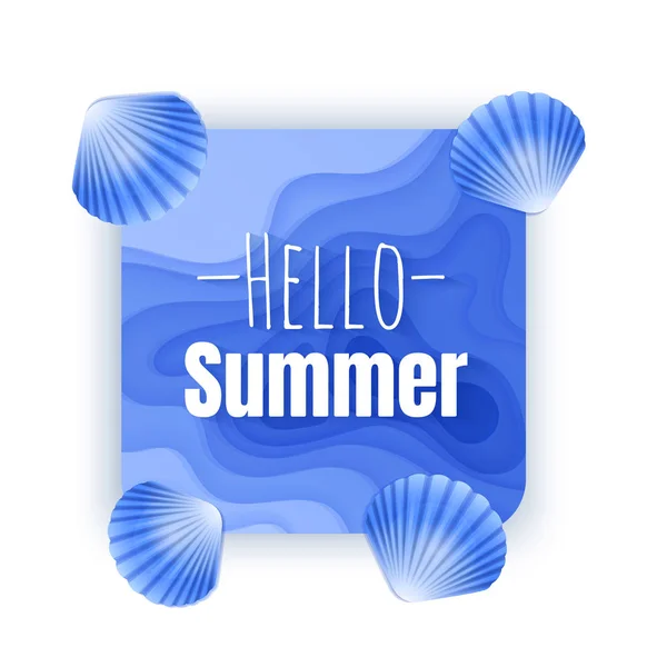 Привет летний баннер, иллюстрационная карточка с фоном с глубоким синим цветом бумаги вырезать формы, летняя вечеринка фоновый шаблон для поздравительных открыток — стоковый вектор