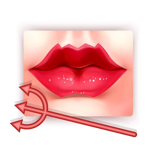 Realistische illustratie van de lippen van de duivel. Rode lippen, Vectorkunst geïsoleerd op witte achtergrond. Een nieuwe trend in de kosmetologie — Stockvector