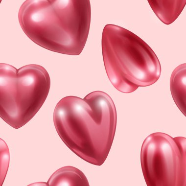 Kusursuz sonsuz desen, pembe renkli parlak, kırmızı, gerçekçi kalplerle tekrar eden desen. Aşk duvar kağıdı, vektör 10 formatta