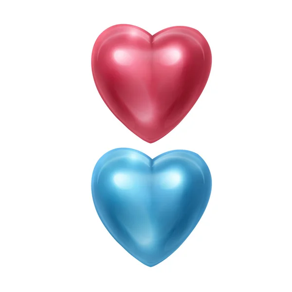 Vermelho 3d corações de rosa e azul cores Valentim Dia do amor símbolo, feliz celebração romântica saudação decoração realista coração isolado no fundo branco vetor ilustração —  Vetores de Stock