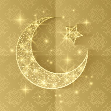 Ramazan Kareem illüstrasyonunda altın ay ve altın arkaplanda ışıltılı dokular. Tebrik kartı, poster, pankart, davet için vektör tasarım şablonu.