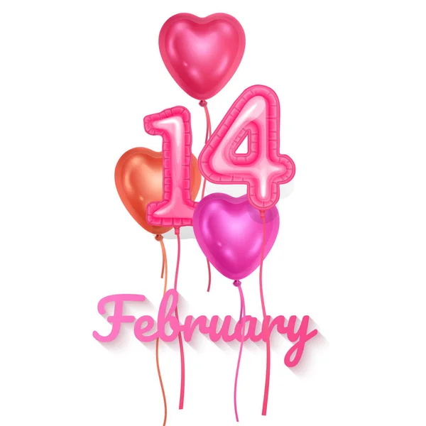 14 february balloons, Valentines day festival and pink color balloons with shape of 14 and shape of hearts isolated on white background. Vector 10 format — 스톡 벡터