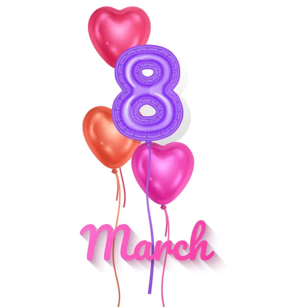 8 de marzo globos, Fondo blanco del día de la mujer con globos, forma de corazón. Símbolo de amor. 8 de marzo. Vacaciones de primavera. Formato Vector 10 — Vector de stock