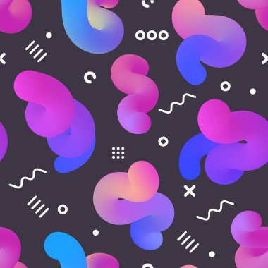 Kusursuz, sonsuz desenli akışkan renkli elementler modern holografik neon parlak desen koyu arkaplanda, vektör 10 formatta
