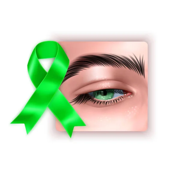 Illusztrációja World Glaucoma Day Háttér realisztikus szem és zöld szalag elszigetelt fehér háttér, vektor eps 10 formátum — Stock Vector
