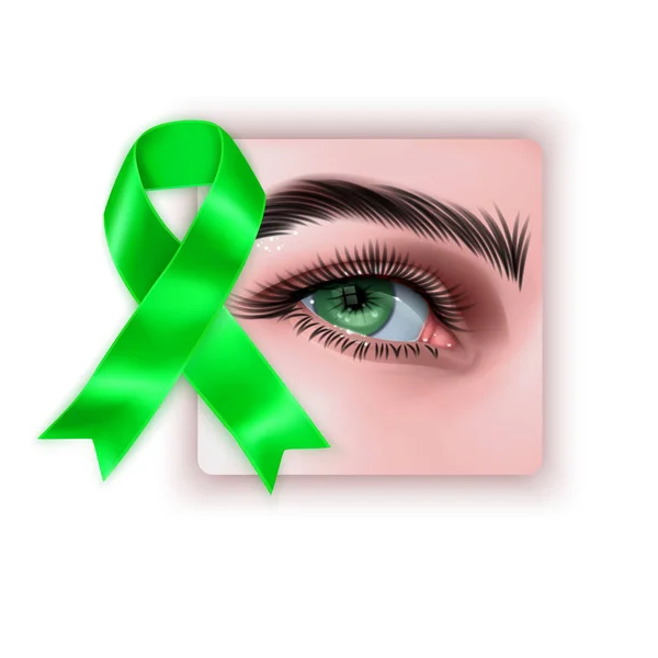 Illusztrációja World Glaucoma Day Háttér realisztikus szem és zöld szalag elszigetelt fehér háttér, vektor eps 10 formátum — Stock Vector