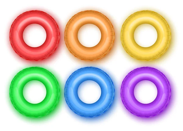 Conjunto de boyas salvavidas coloridas de colores brillantes y coloridos aislados sobre fondo blanco, anillos de natación inflables detallados del color 3d realistas fijados para la natación y el rescate de la seguridad en la ilustración del vector del agua — Vector de stock