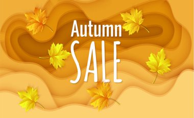 Turuncu kağıt kesim arka plan, sonbahar indirimi afiş şablonu sarı kağıt kesim şekilleri sonbahar sezonunda indirimli teklifler. Alışveriş satışı ya da tanıtım afişi için tasarım. Vektör Eps 10 biçimi