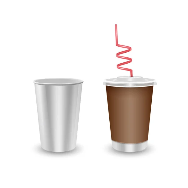 Etiketsiz kahverengi kapaklı beyaz kağıt bardak, soğuk içecek için tek kullanımlık bardak - soda, buzlu çay veya kokteyl, gerçekçi ambalaj şablonu — Stok Vektör