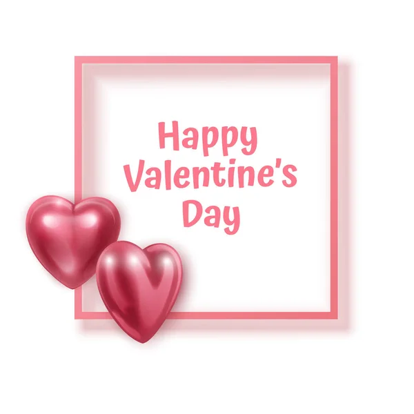 Alla hjärtans dag gratulationskort med rosa fyrkantig ram och tredimensionella 3D hjärtan på en vit bakgrund, vektor illustration — Stock vektor