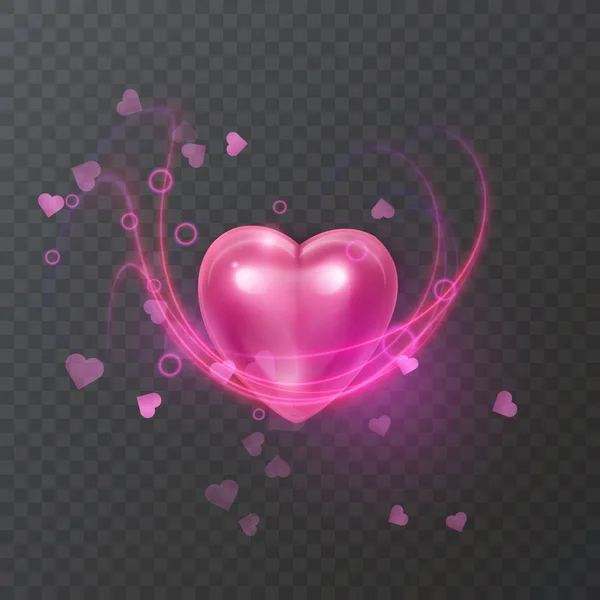 3d różowe serce izolowane na przezroczyste. Jasne, neonowe linie, znak serca, element designu na Walentynki. Gotowy na projekt, kartkę z życzeniami, baner. Ilustracja wektora. — Wektor stockowy