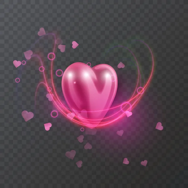 Corazón rosa 3D aislado en transparente. Brillante, líneas de neón, signo del corazón, elemento de diseño para el feliz día de San Valentín. Listo para su diseño, tarjeta de felicitación, banner. Ilustración vectorial . — Archivo Imágenes Vectoriales