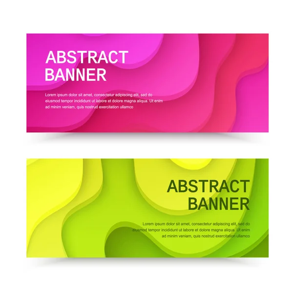 Conjunto de banners horizontais com fundo vermelho abstrato 3D e verde brilhante com formas de corte de papel. Layout para apresentações, folhetos ou cartazes. Arte de escultura colorida, design Vector Eps 10 — Vetor de Stock