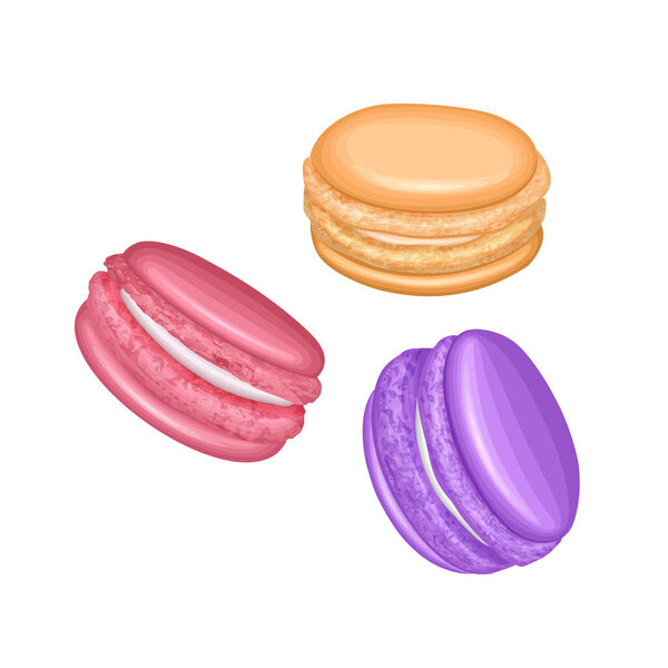 Set of different french cookies macaroons in cartoon style isolated on white background, Sweet and beautiful dessert. Vector eps10 format, Colorful illustration