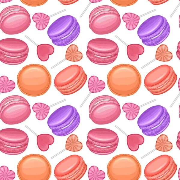 Cute seamless pattern with sweets and french cookies macaroons on white background. Suitable for packaging, fabric or napkins and menus decoration. Vector illustration in cartoon style — Stock vektor
