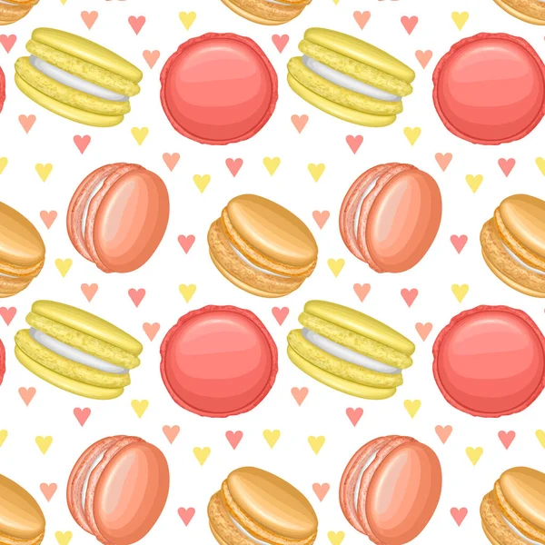 Patrón sin costuras, sin fin con macarrones y corazones sobre fondo blanco. Dulces franceses. Colorido macarrón. Linda textura vectorial — Archivo Imágenes Vectoriales