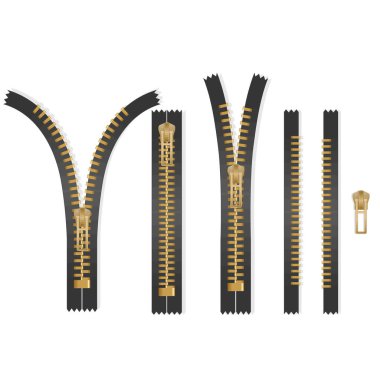 Metal ya da plastik bağlayıcılar, fermuarlar. Giysi parçaları ve el çantası aksesuarları, Fastener ve fermuar beyaz arka planda izole edilmiş, vektör illüstrasyonu