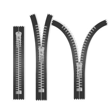 Metal ya da plastik bağlayıcılar, fermuarlar. Giysi parçaları ve el çantası aksesuarları, Fastener ve fermuar beyaz arka planda izole edilmiş, vektör illüstrasyonu