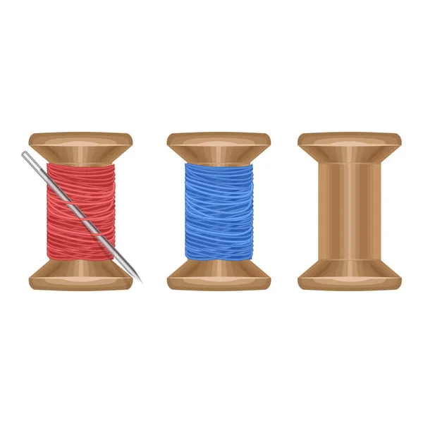 Conjunto de bobinas com agulha e fios vermelhos e azuis, ilustração vetorial isolada sobre fundo branco — Vetor de Stock