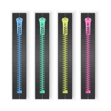 Metal ya da plastik bağlayıcılar, fermuarlar. Giysi parçaları ve el çantası aksesuarları, Fastener ve fermuar beyaz arka planda izole edilmiş, vektör illüstrasyonu