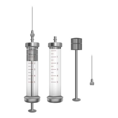 Parçalanmış, beyaz zemin üzerinde demir şırınga izole edilmiş, enjeksiyon için yeniden kullanılabilir şırınga, vektör 10 formatta