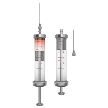 Işık zemininde sıvı bulunan 3D şırınga, demir, yeniden kullanılabilir şırınga, vektör 10 biçimli